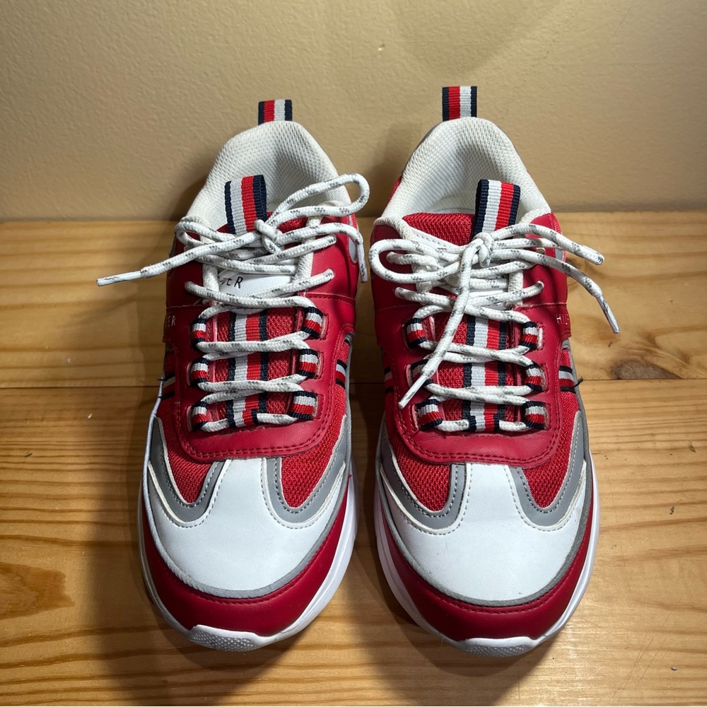Tommy Hilfiger Red and White Sneakers with Striped Laces